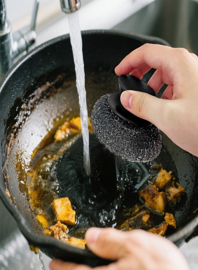 Frayot Stainless Steel Wool Scrubber with Rubber Handle & 2 Pads for Cleaning Dishes, Kitchen Pots, Pans, Grills (Black) - Image 5